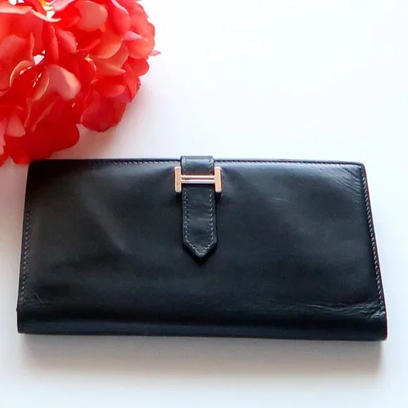 Hermès Béarn Black Leather H Buckle Long Wallet Bifold Luxury French Designer
